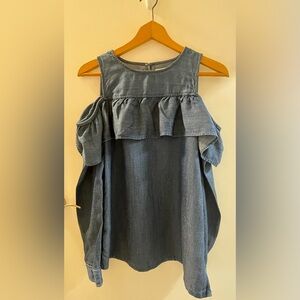 LOFT Denim-Look Cold-Shoulder Ruffle Top - Blue / 
X-Small